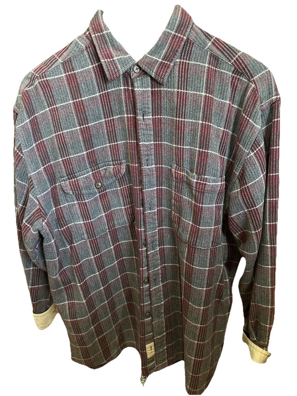 Y2K Vintage Plaid Flannel Shirt Mens L Burgundy Gray Button Front